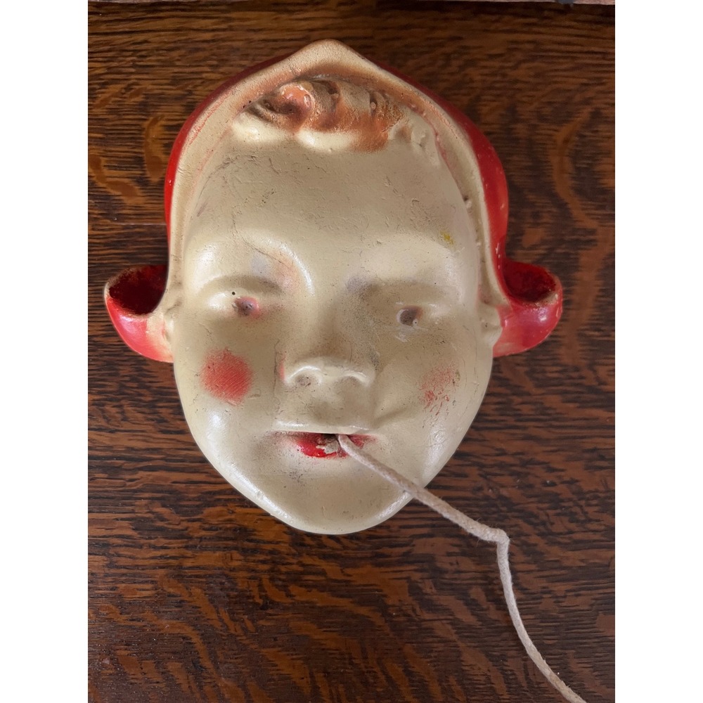 Vintage Chalkware String Holder Girl Face Red Bonnet Wall Mount Twine Dispenser